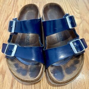 Bright blue leather and pleather Birkenstocks